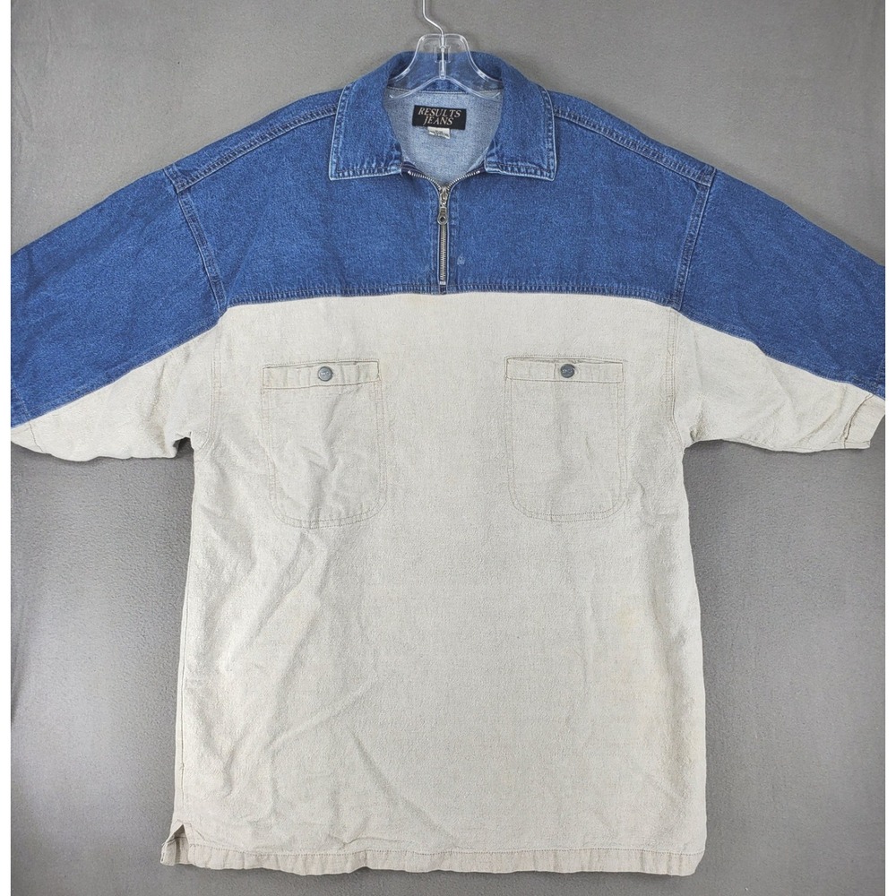 Results Jeans 1/4 Zip Shirt Mens M Denim VTG 90s Colorblock Linen Y2K Hip Hop
